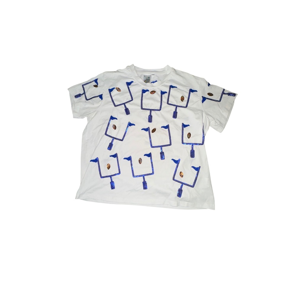 Queen of Sparkles White Sequin Football Goal Post T-Shirt Small Game Day
